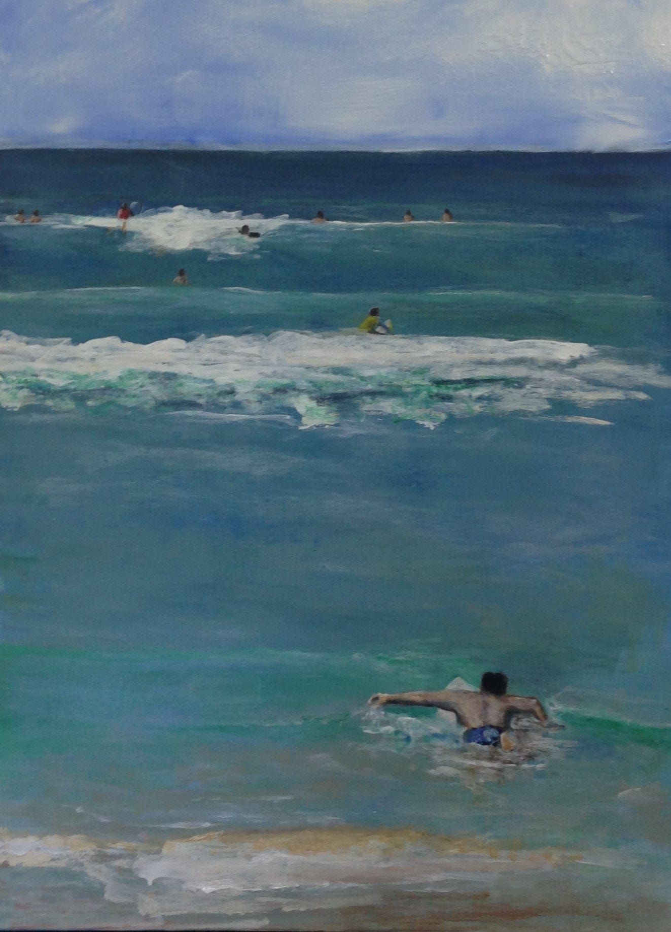 Painting of a person swimming in the ocean with other swimmers in the distance.