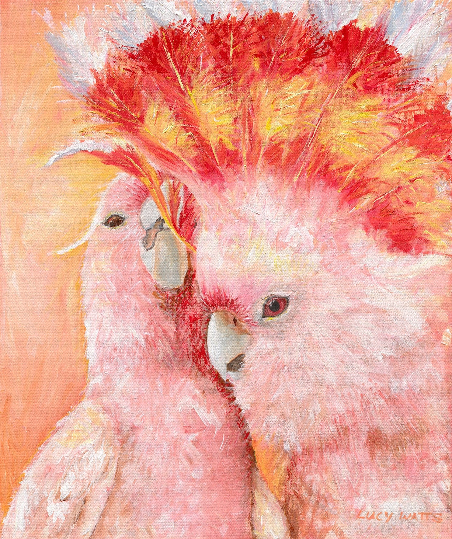 Artistic depiction of two pink cockatoos with red and yellow feathers on a soft pink background.