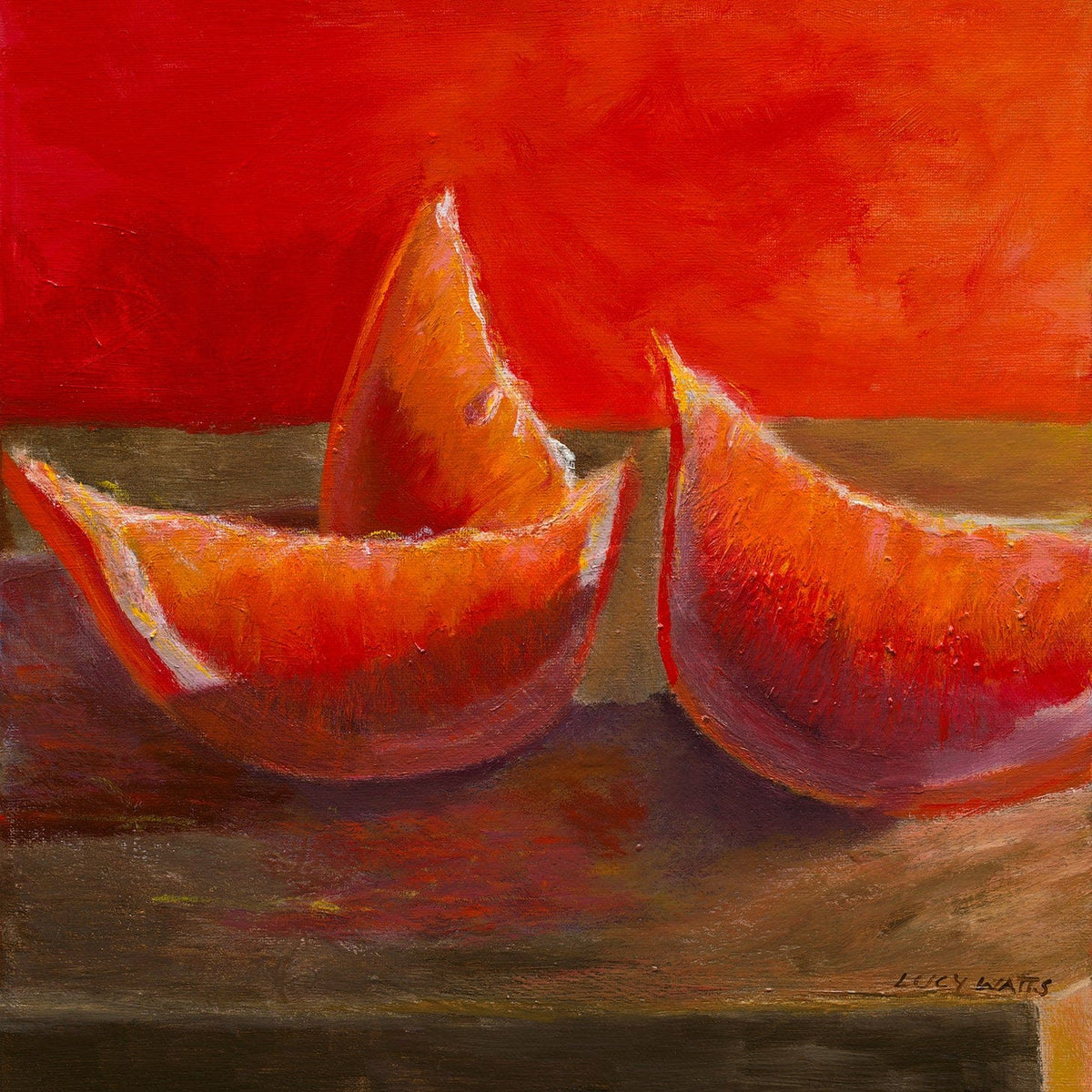 Painting of sliced red fruit on a wooden surface with a red background