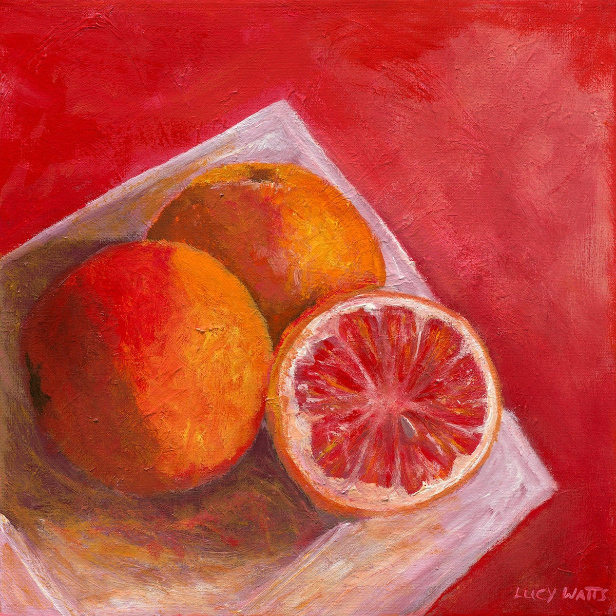  Print of painting by  Australian artist Lucy Watts of ruby grapefruit on white plate with warm tone background.