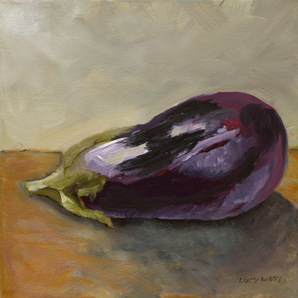 Painting of an eggplant on a textured surface with &#39;Lucy Watts&#39; signature.