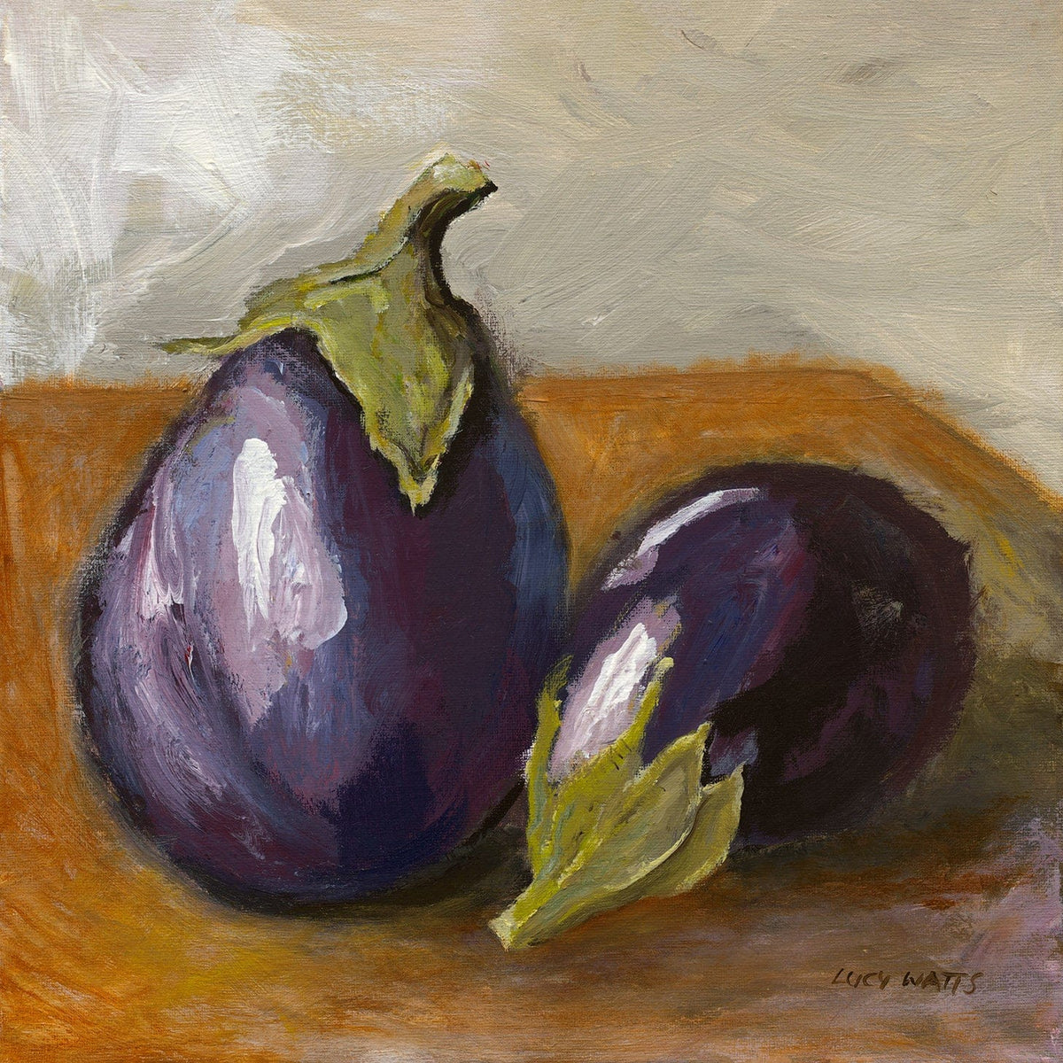 Painting of two eggplants on a textured surface by Lucy Watts