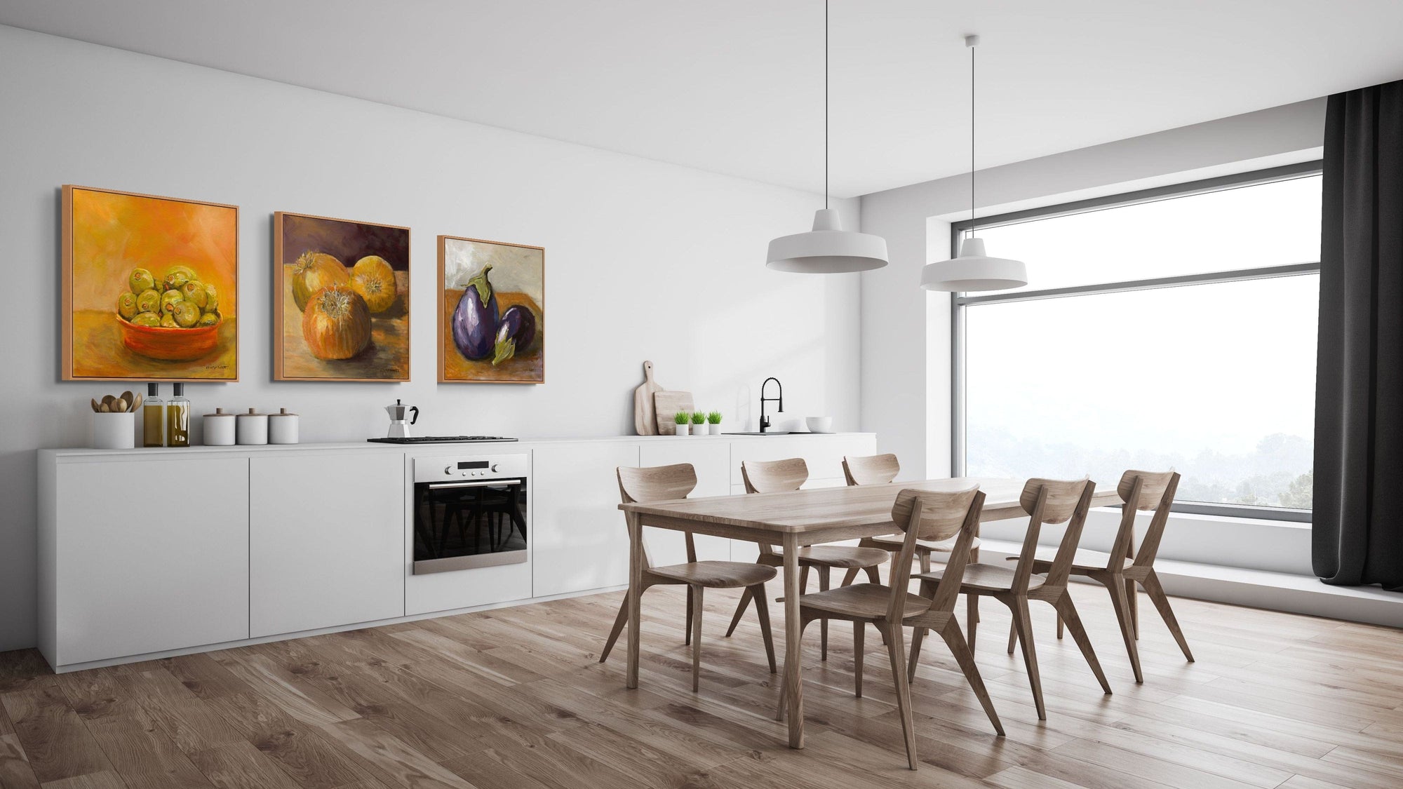 Modern kitchen with wooden dining table and chairs, white cabinets, and colorful abstract art on the wall.