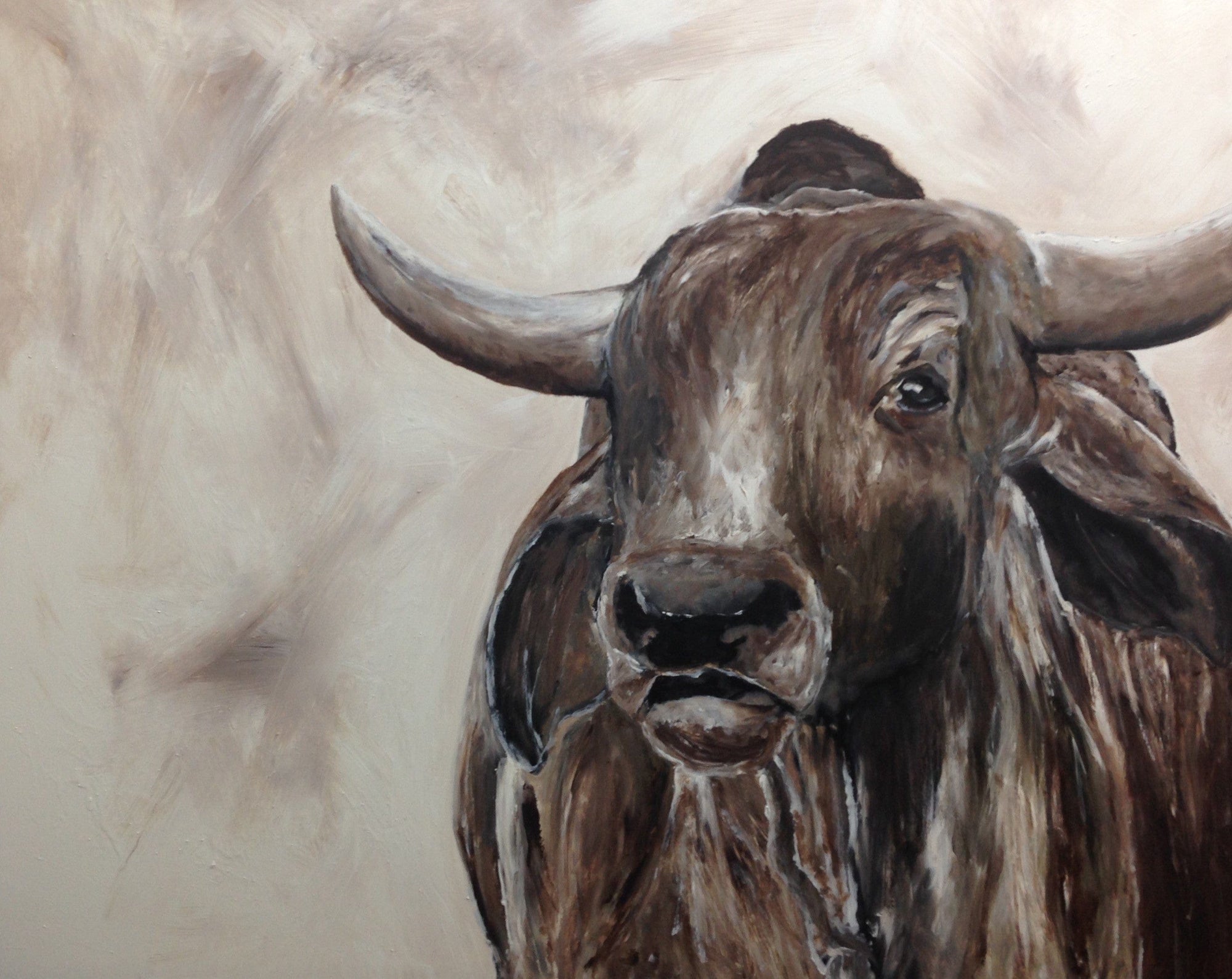 Artistic depiction of a bull with a neutral background