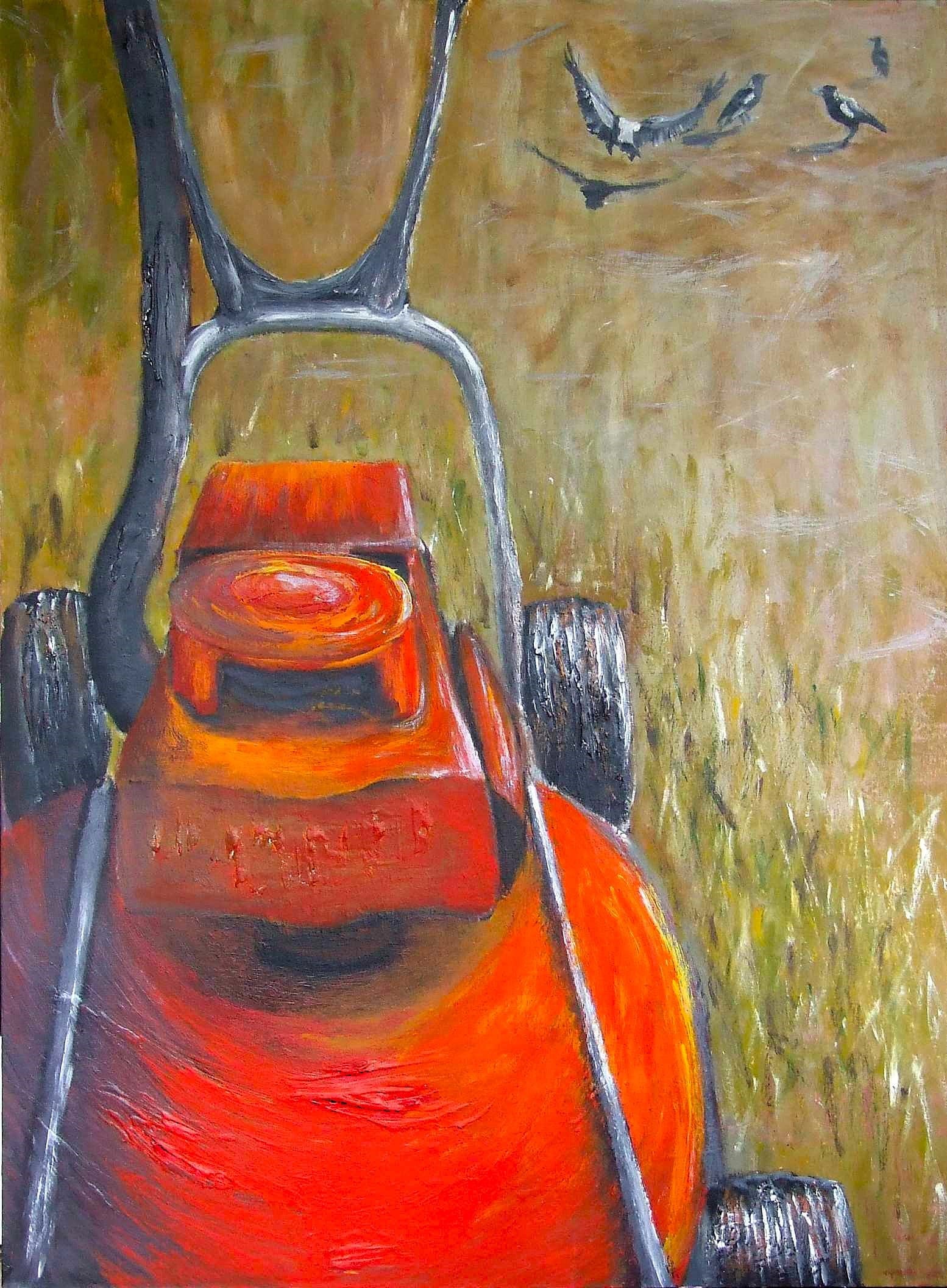 Painting of a red lawnmower in a field with birds.