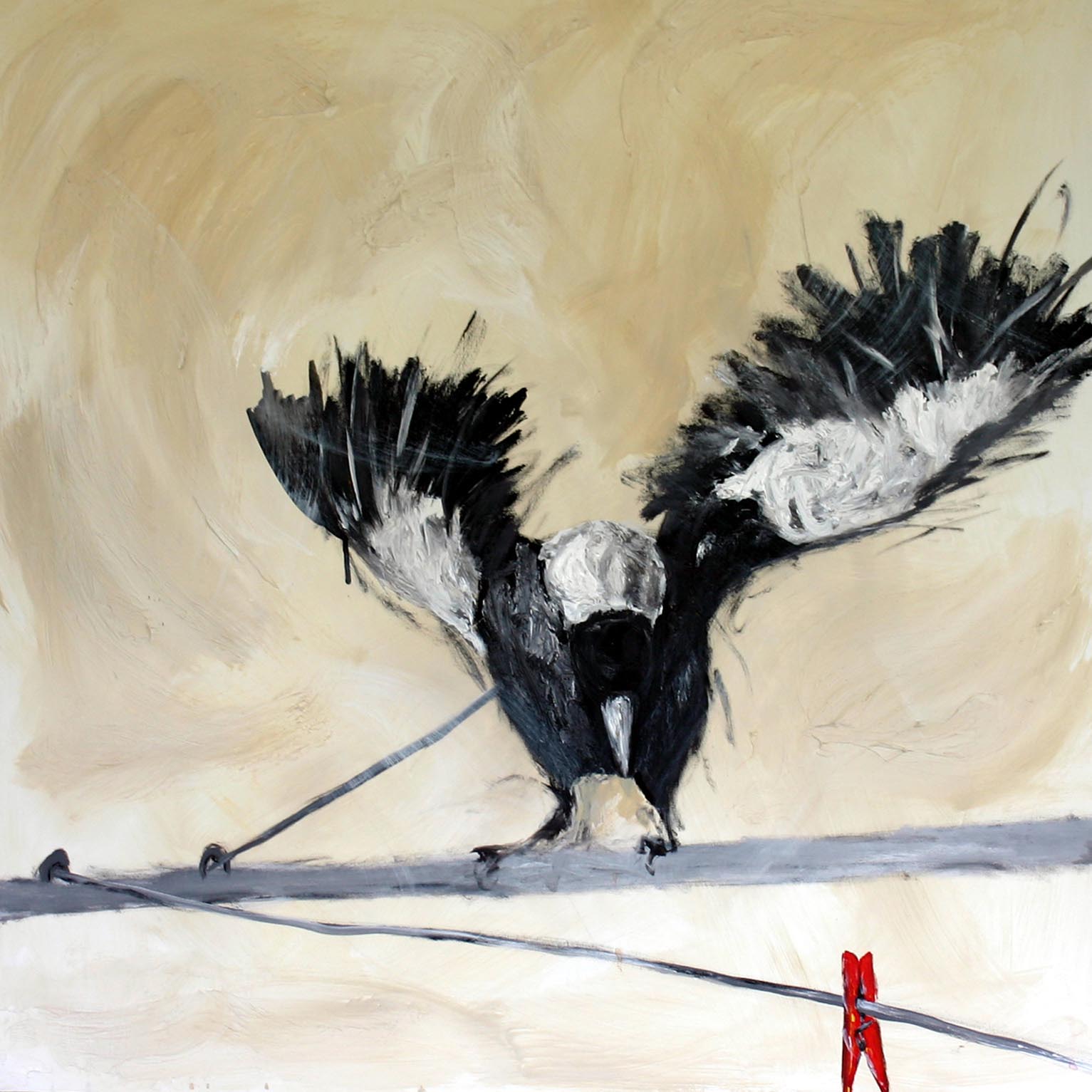 Artistic depiction of a bird with outstretched wings on a beige background