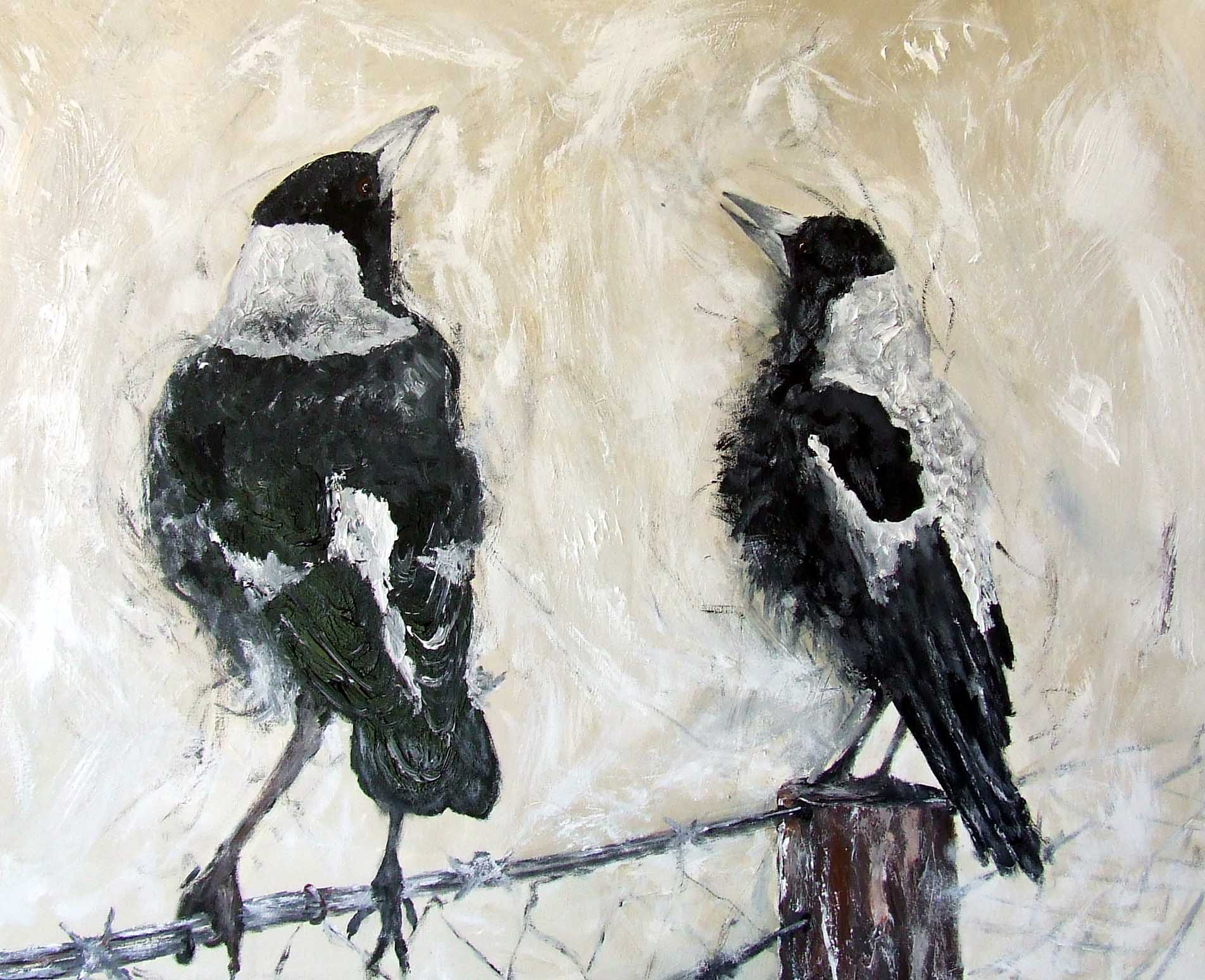 Two black and white birds perched on a wire against a textured beige background