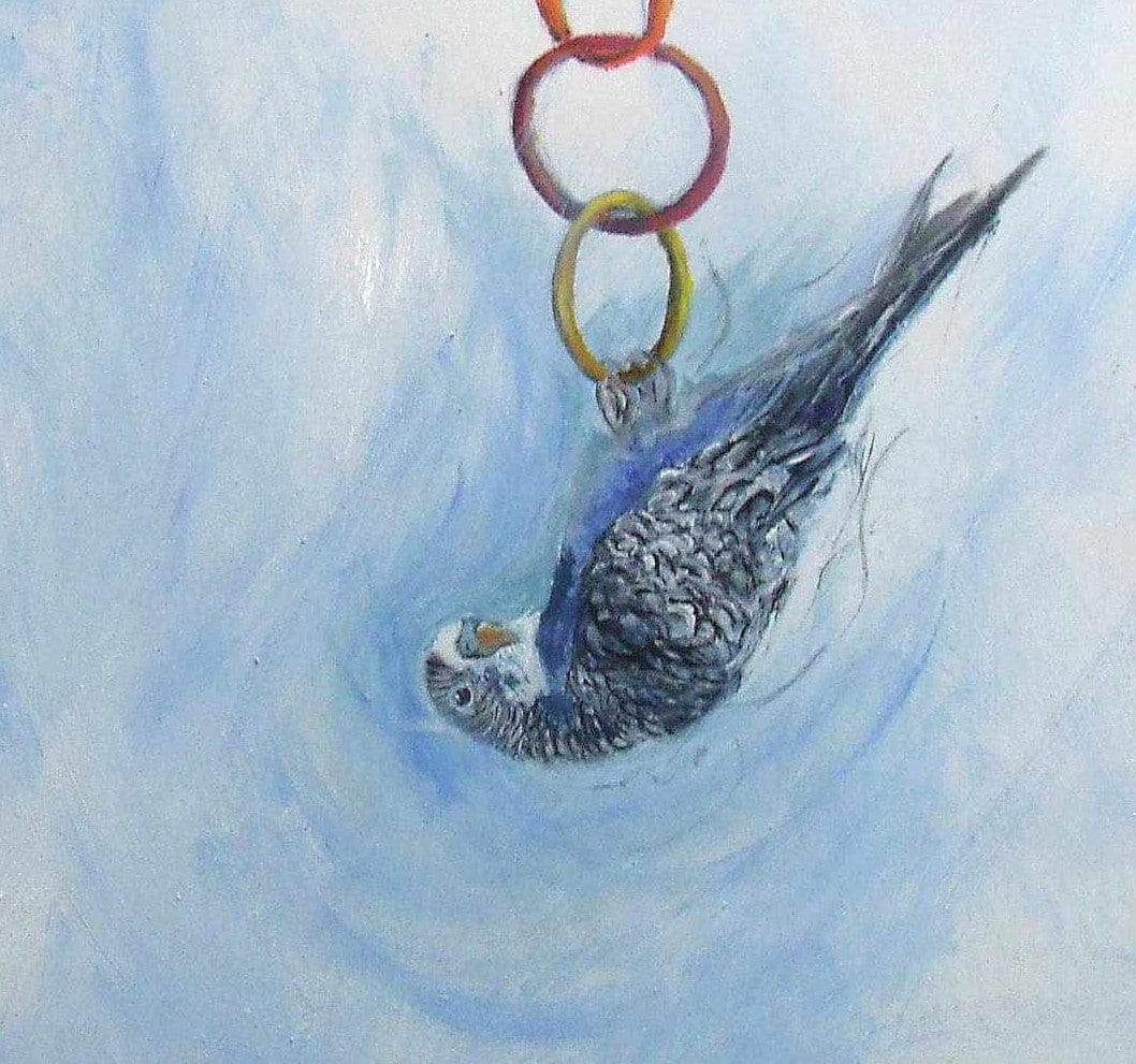 Illustration of a bird tangled in colorful rings against a light blue background
