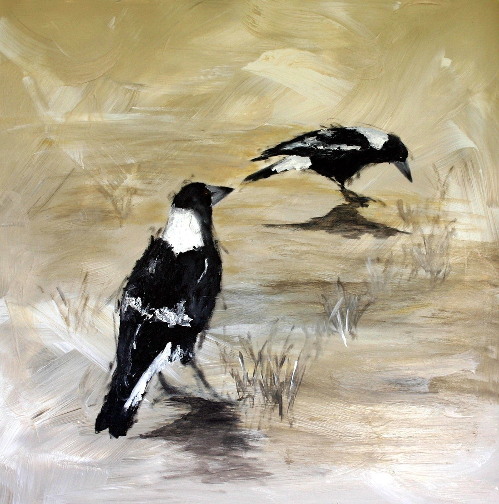 Two black and white birds on a textured beige and brown background