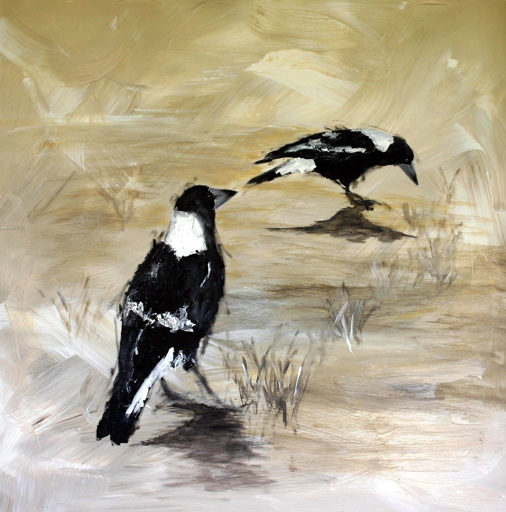Two black and white birds on a textured beige and brown background