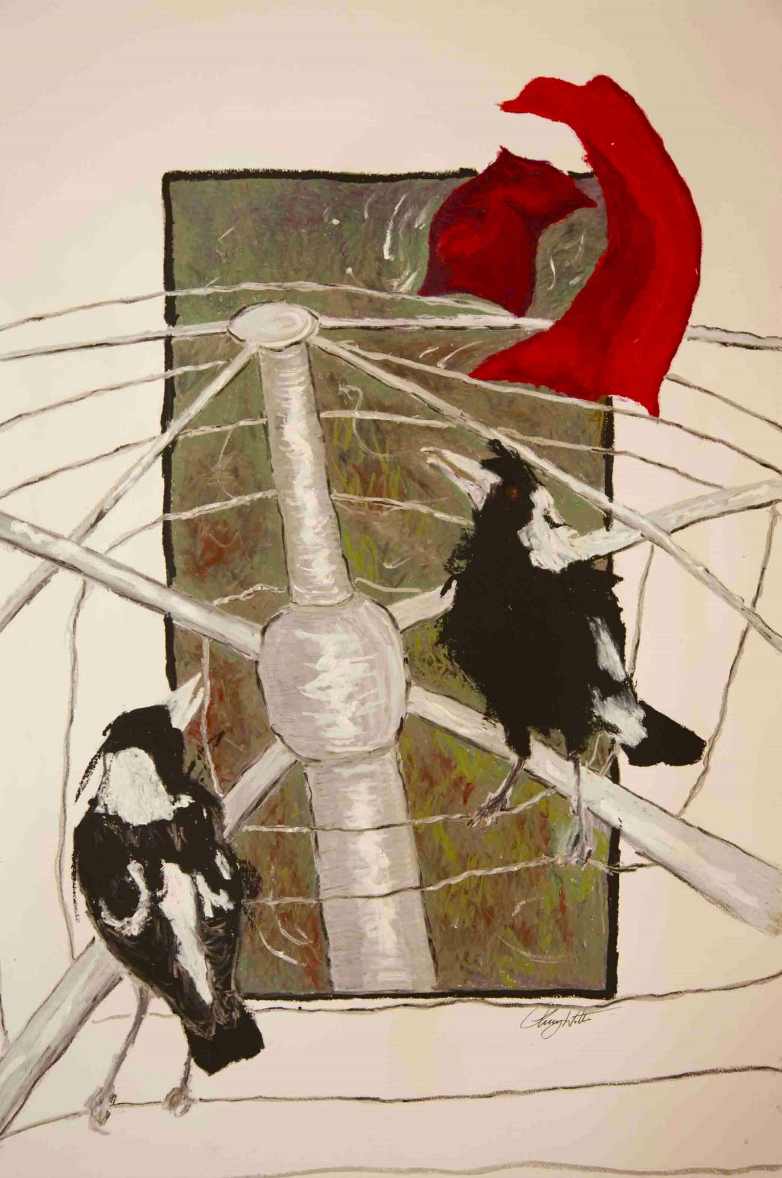 Artistic depiction of two birds on branches with a red flower and abstract background