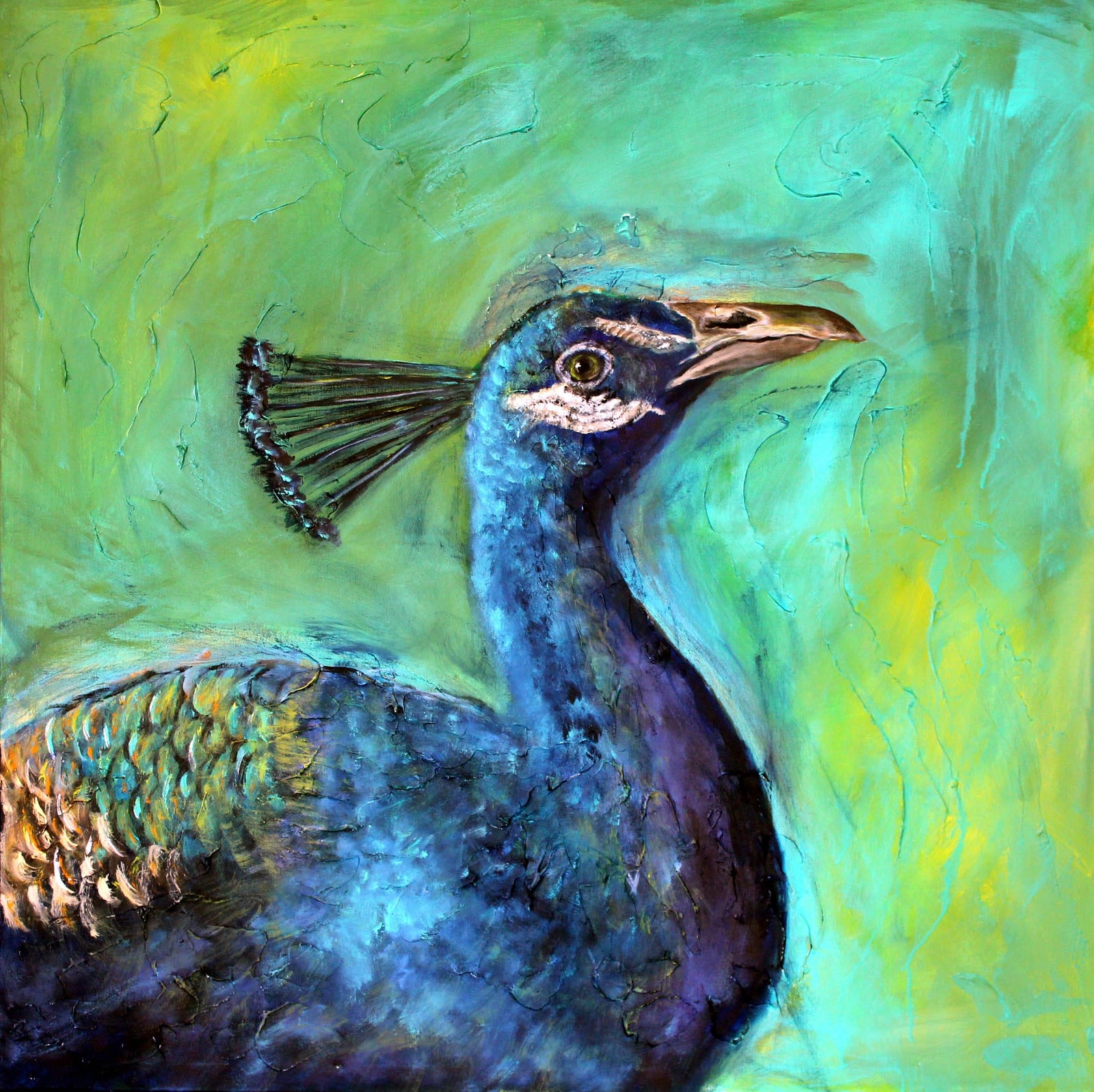 Colorful painting of a peacock with a vibrant green and yellow background