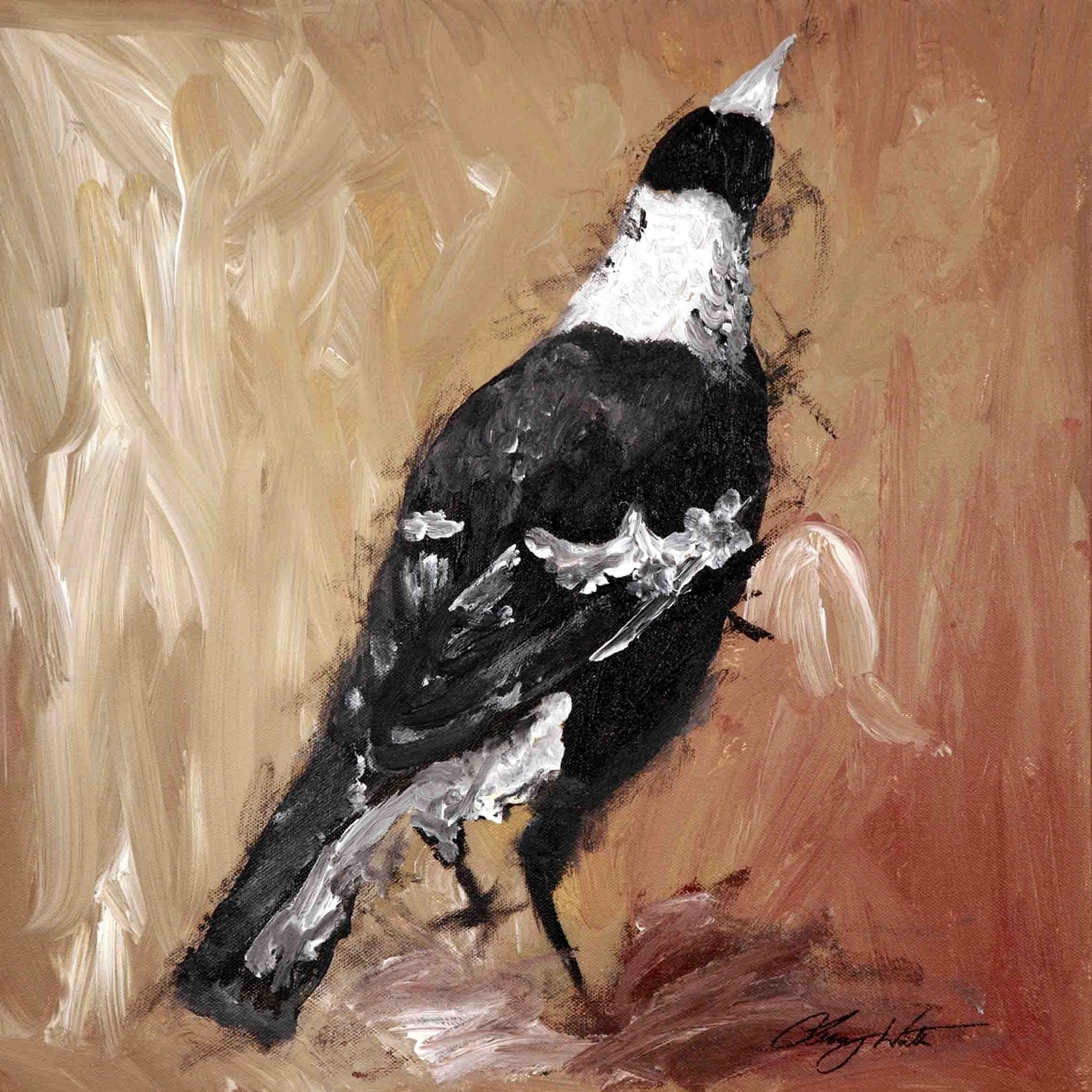 Painting of a black and white bird on a textured brown background