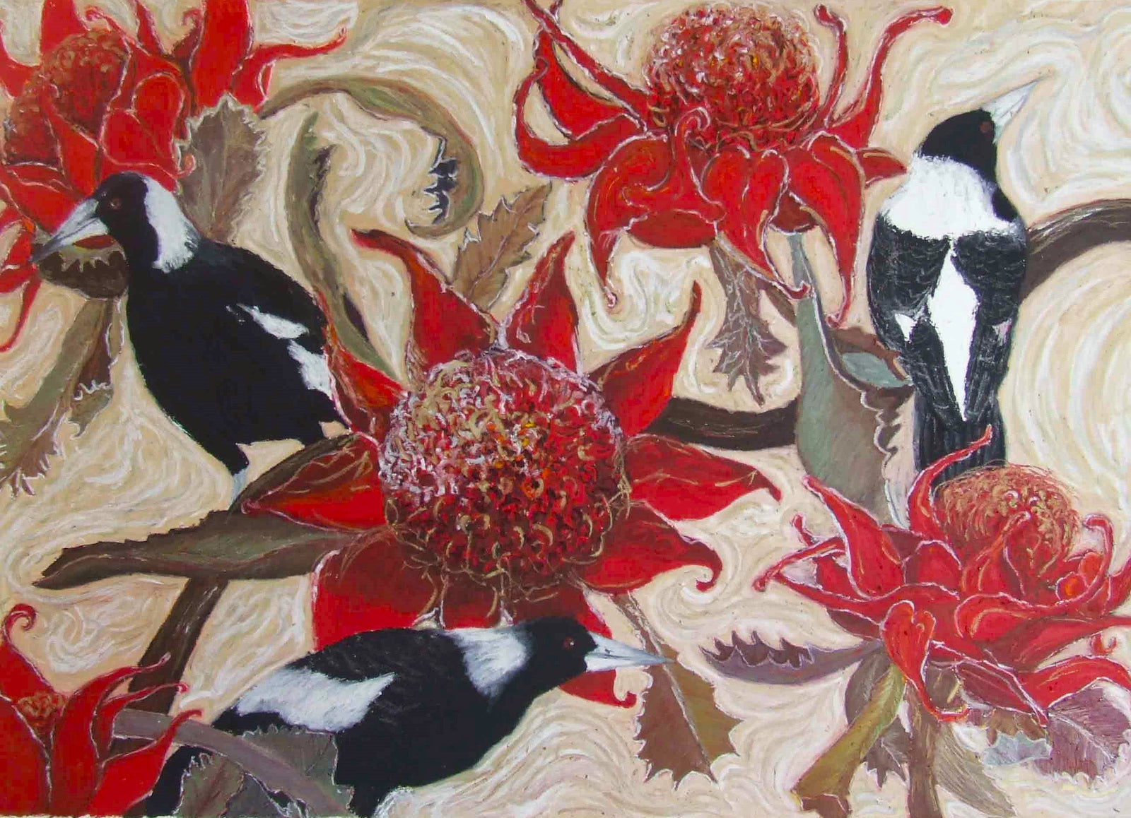 Artistic depiction of magpies and waratah flowers with a stylized background