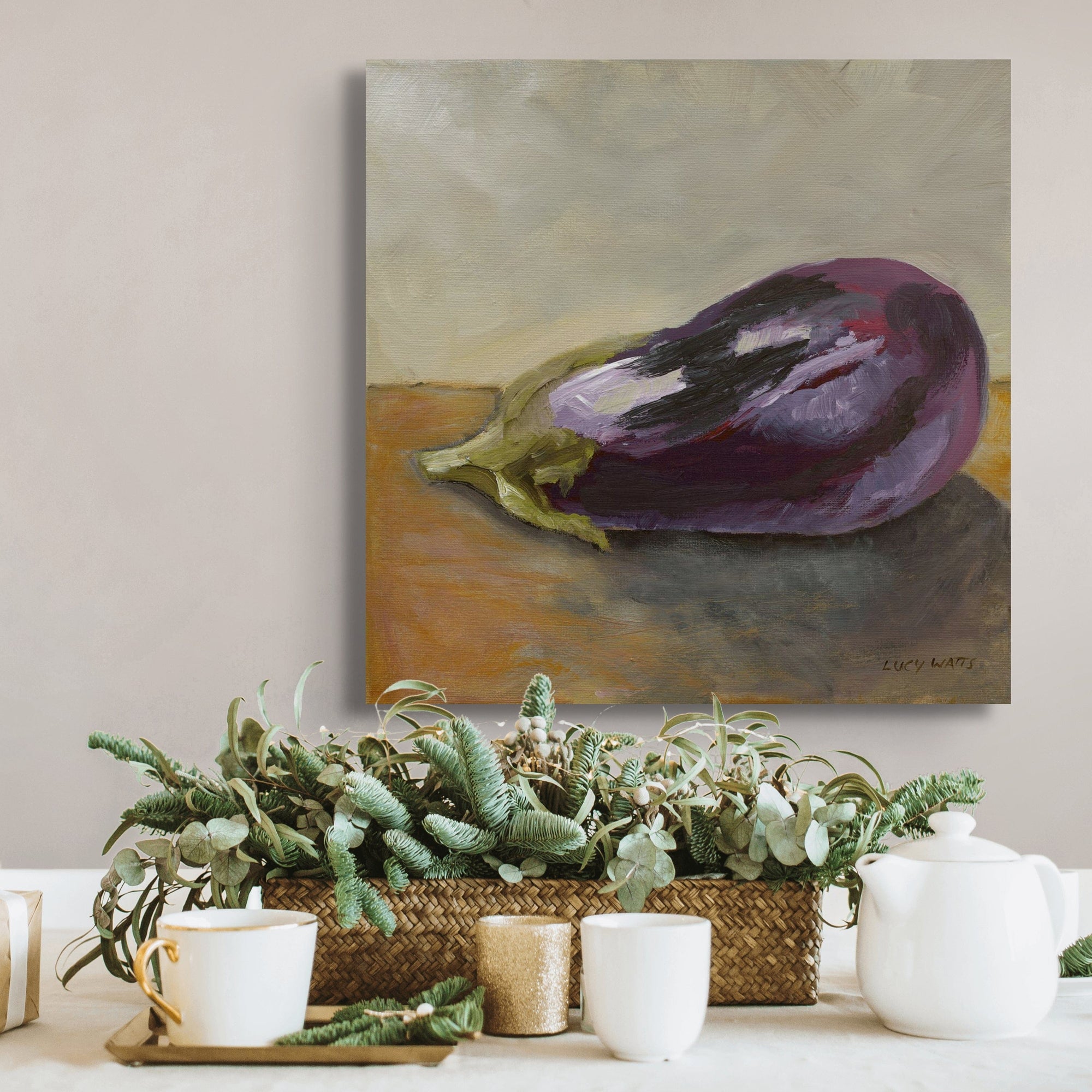 Painting of an eggplant on a textured surface with 'Lucy Watts' signature.
