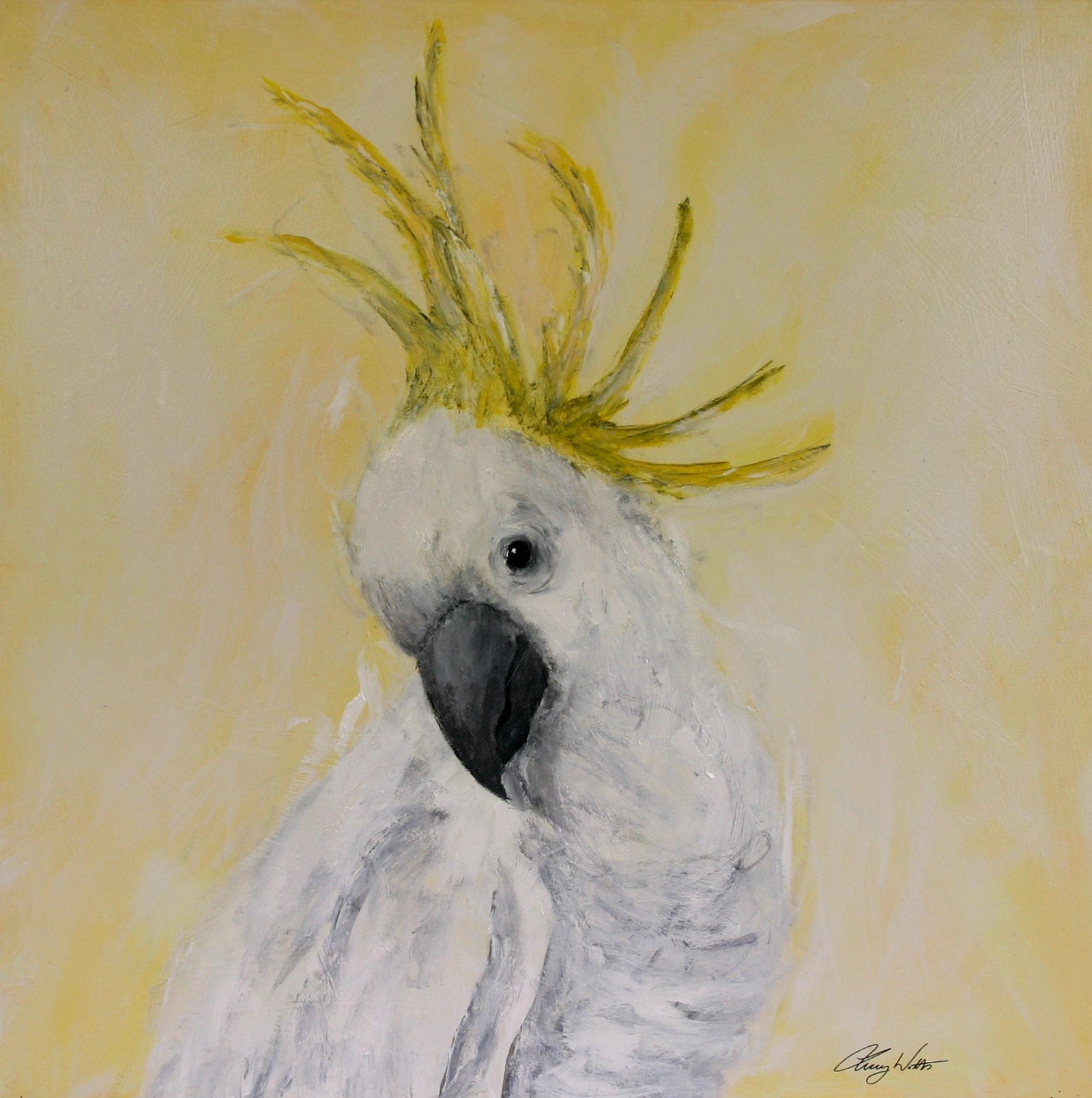 Artistic depiction of a white parrot with a yellow crest on a yellow background