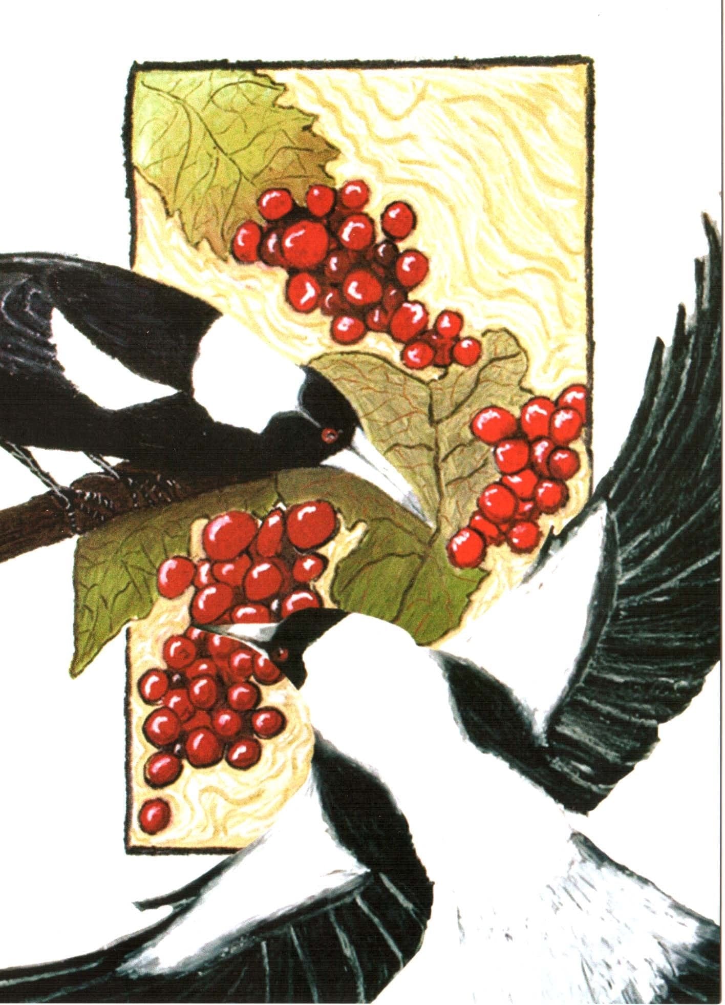 Illustration of a raven with red berries and leaves