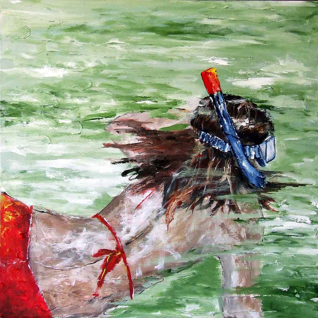 Abstract painting of a figure with feathers and a red object on a green background