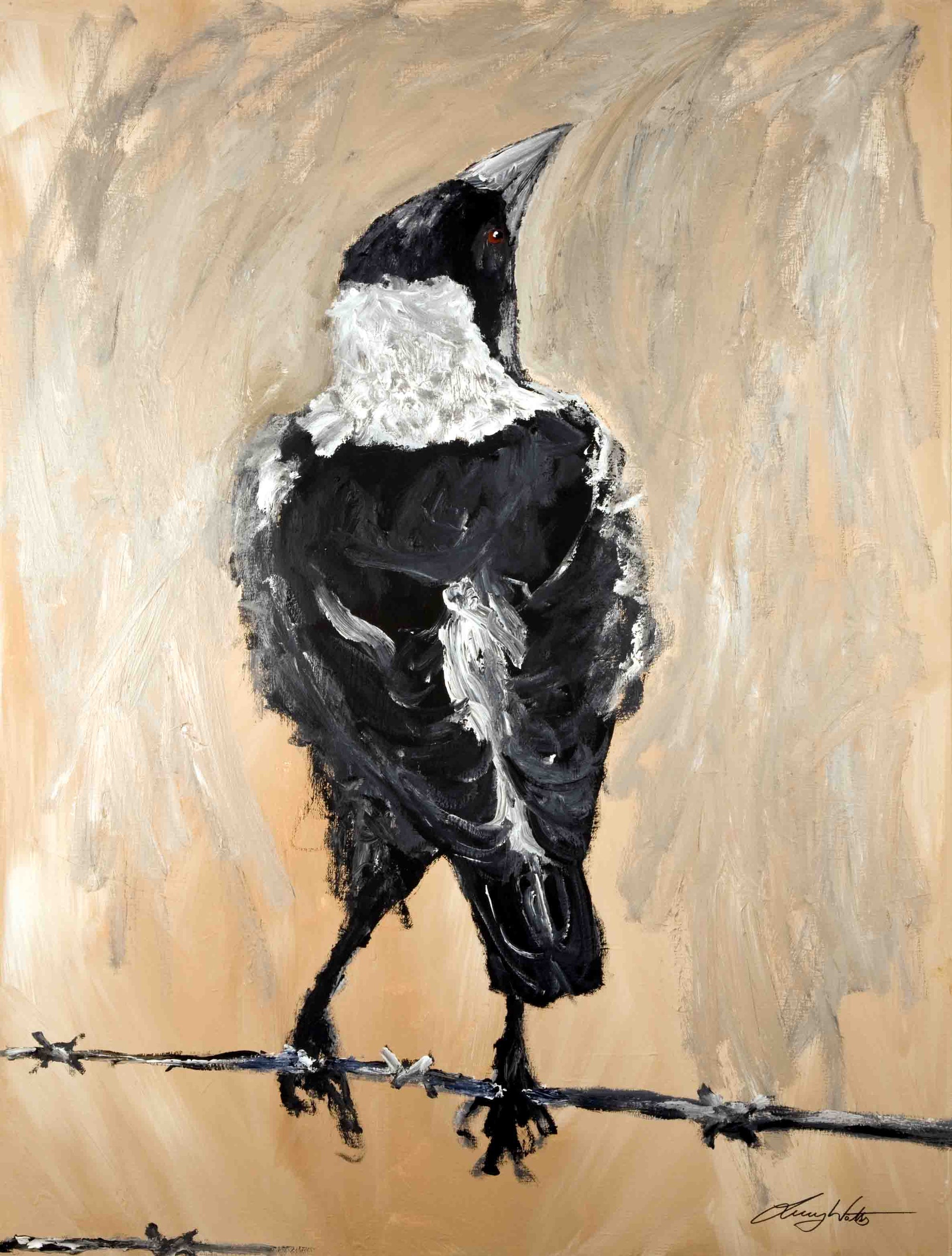 Painting of a black and white bird on a barbed wire fence with abstract brown background