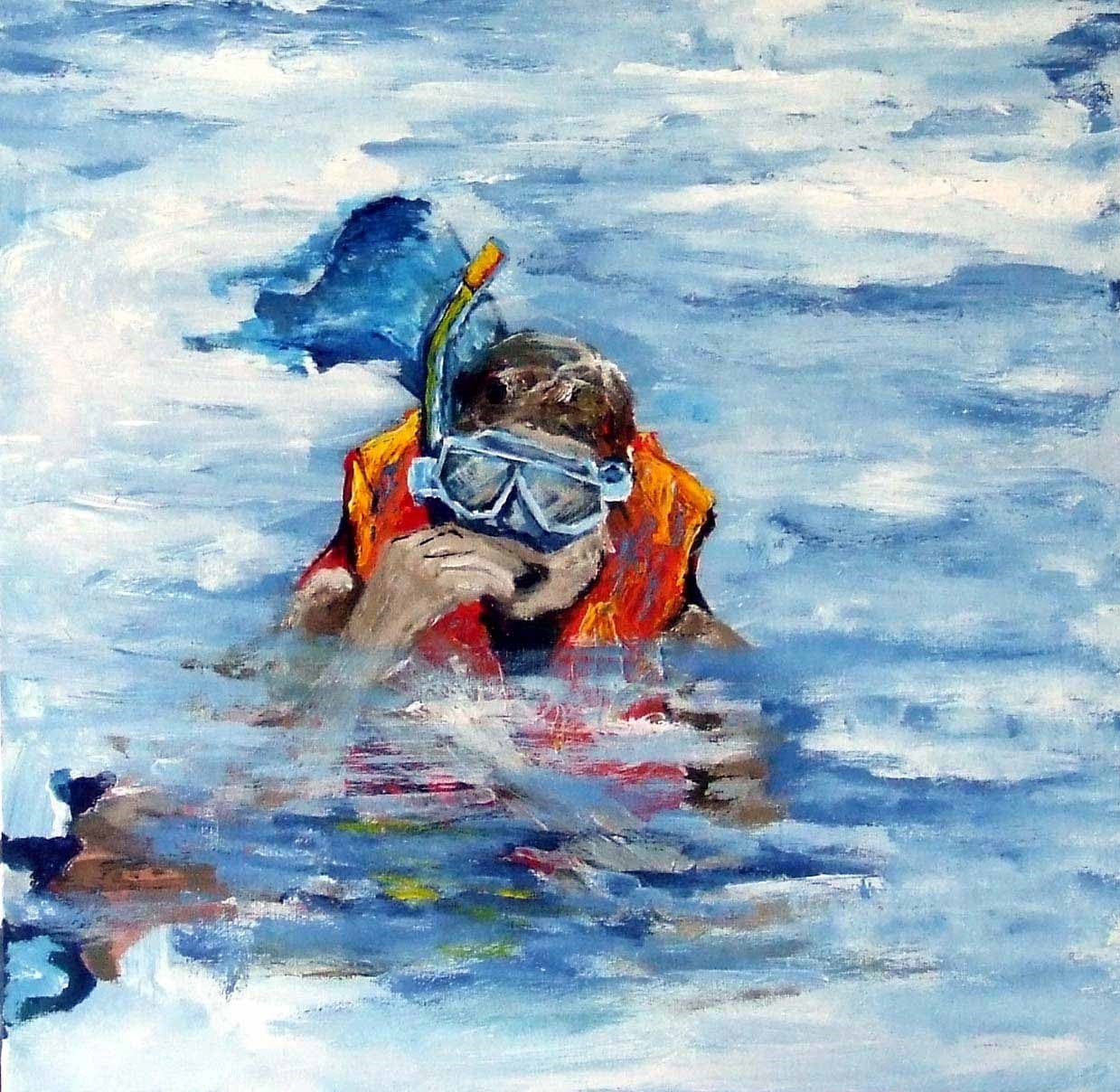 Person snorkeling in water with a colorful vest and mask