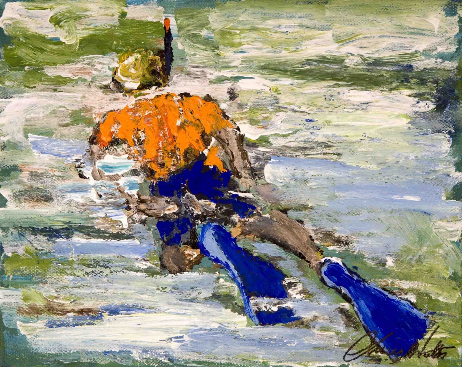 Abstract painting of a person snorkeling with orange gear and blue fins.