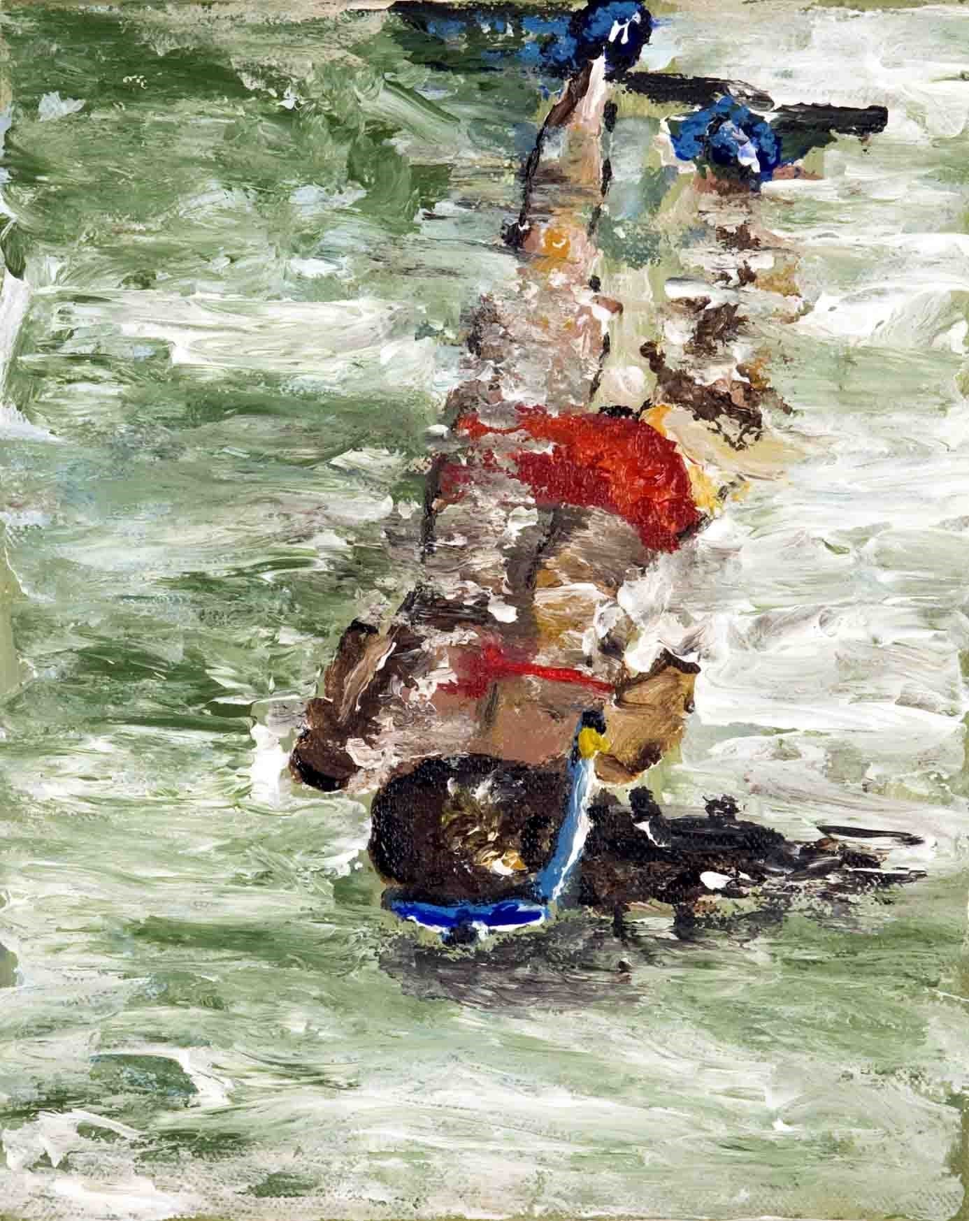 Abstract painting of a person underwater with a snorkel and mask.