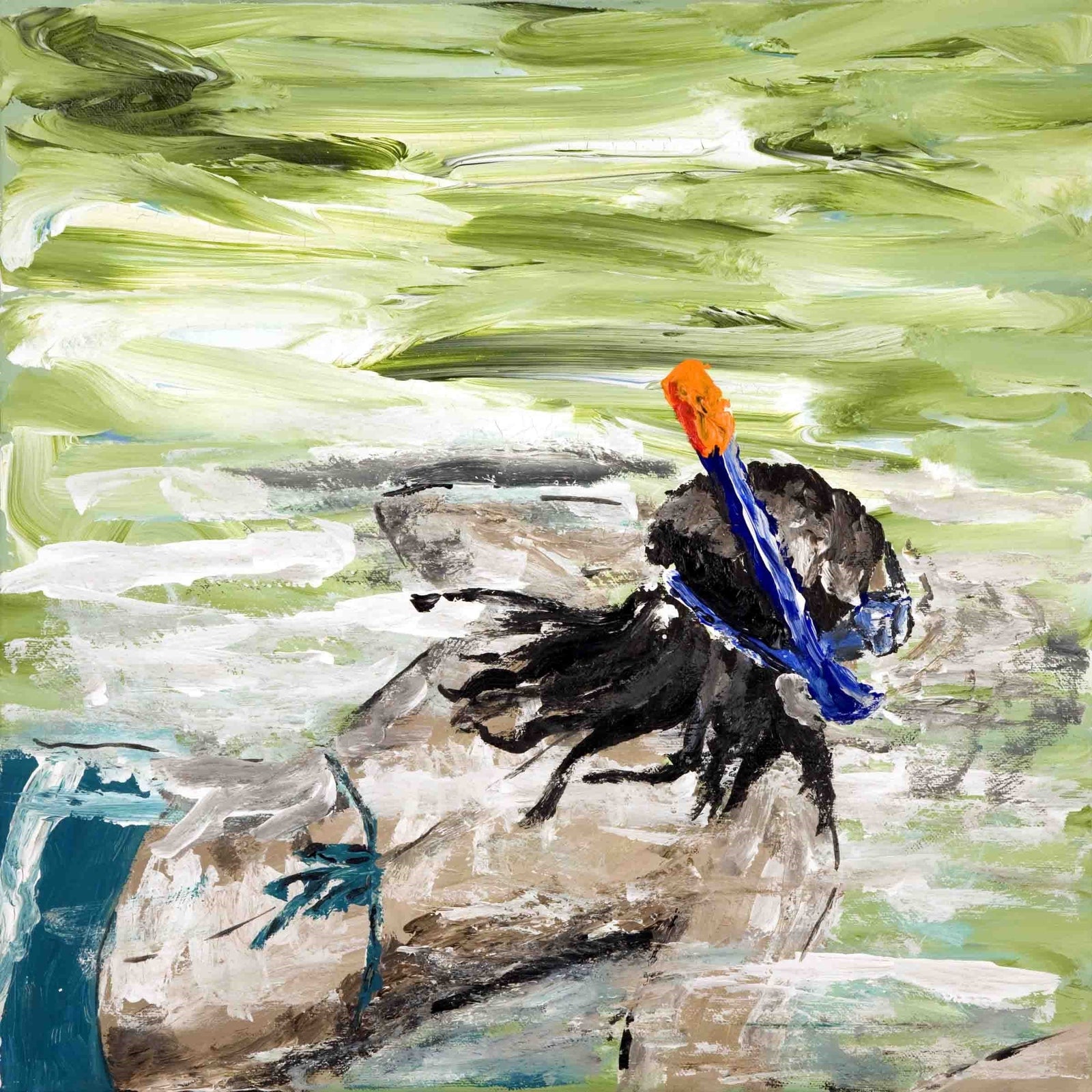 Abstract painting of a person with a backpack on a green and white background