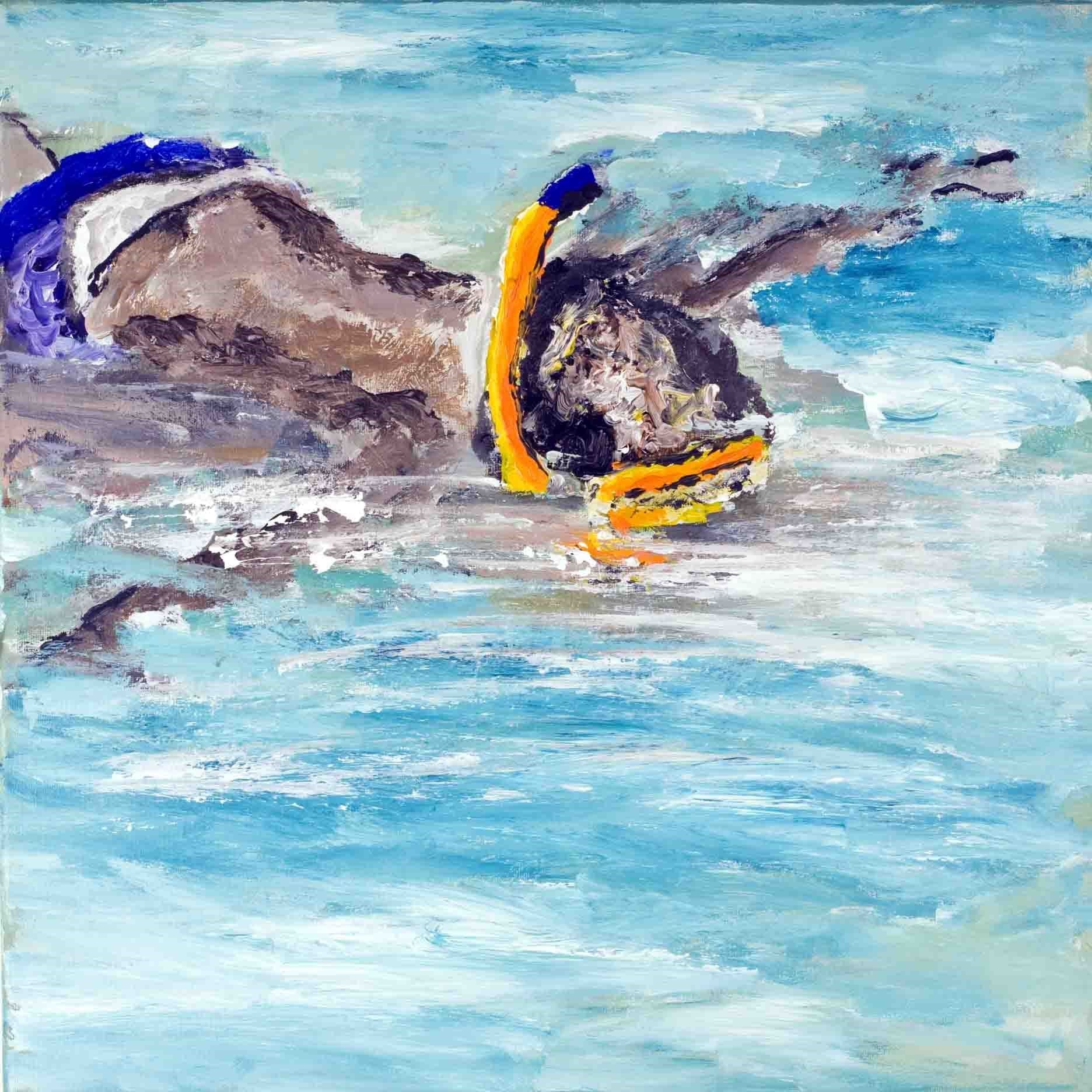 Painting of a dog swimming with a snorkel in water
