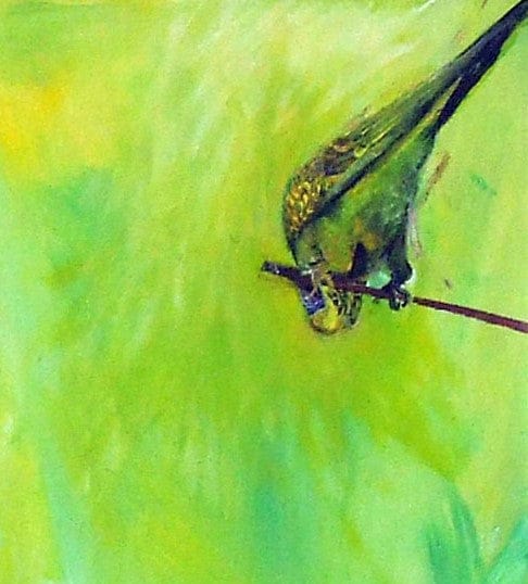 Artistic depiction of a bird on a branch with a green and yellow abstract background