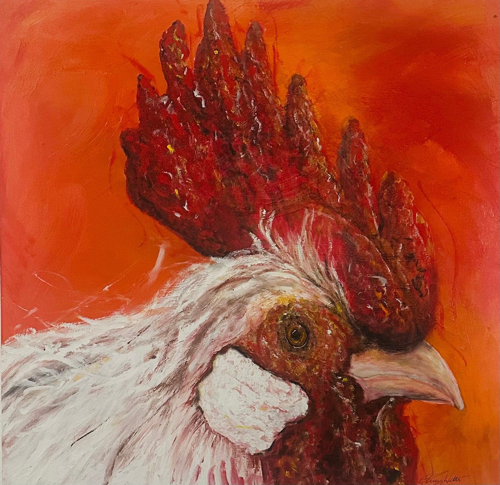 Painting of a rooster with a vibrant orange background