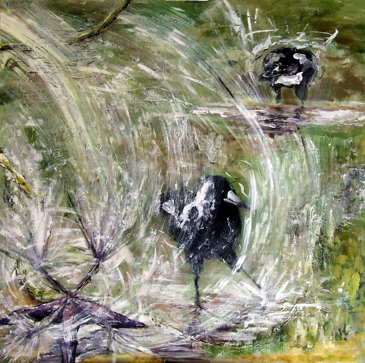 Artistic depiction of a crow in a natural setting with green and brown tones.