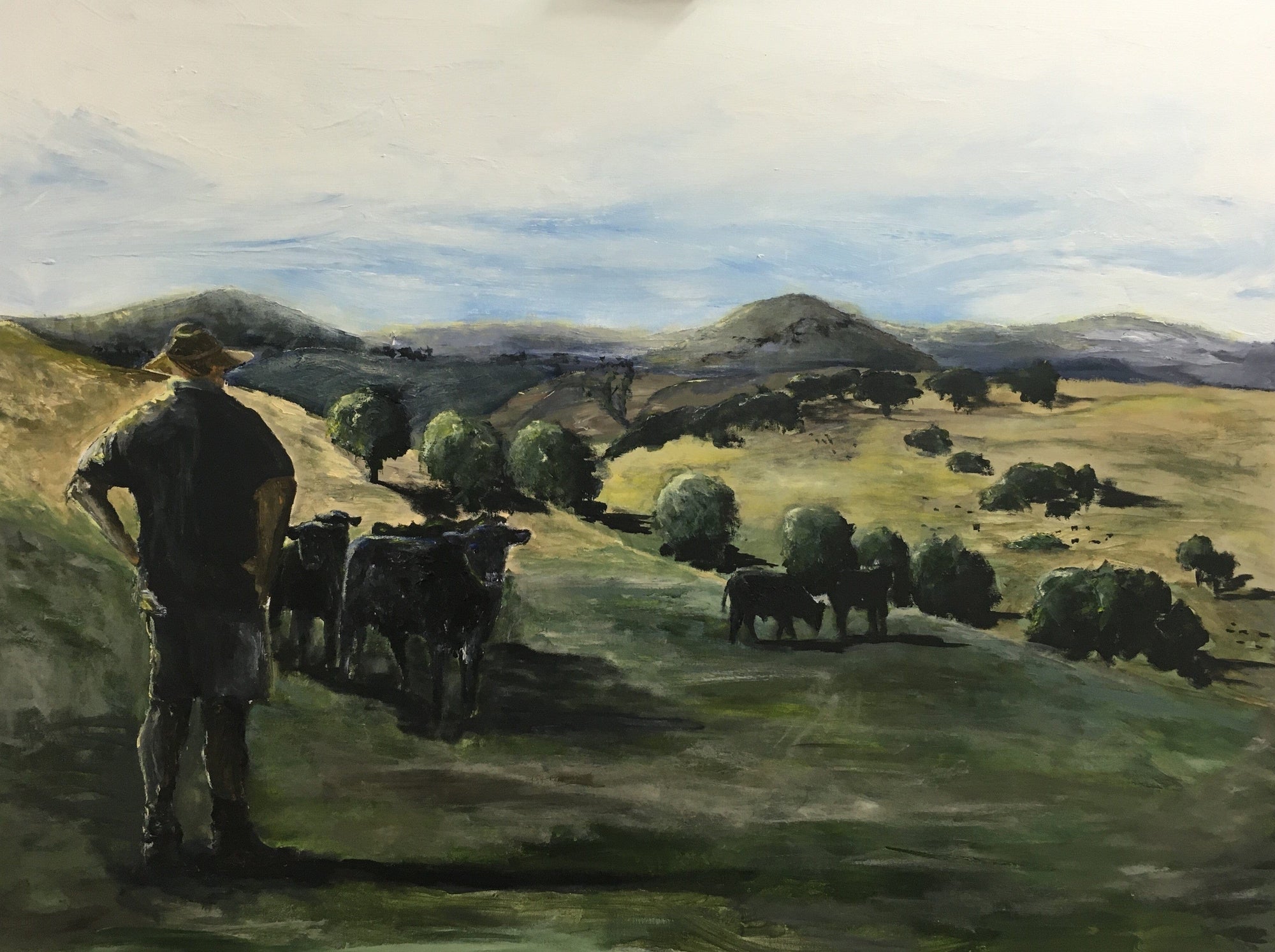 Painting of a shepherd with sheep in a pastoral landscape