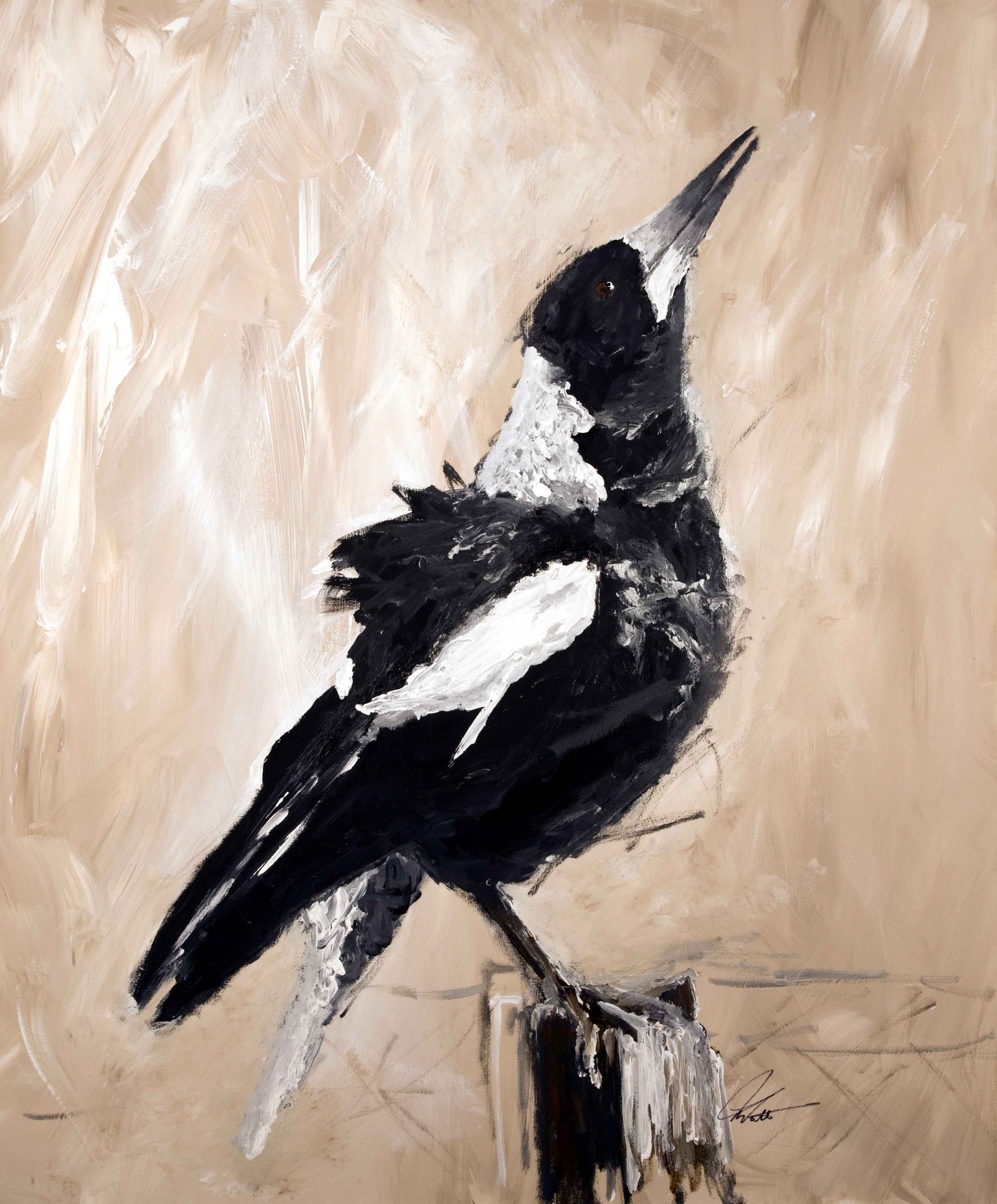 Black and white bird painting on a beige background