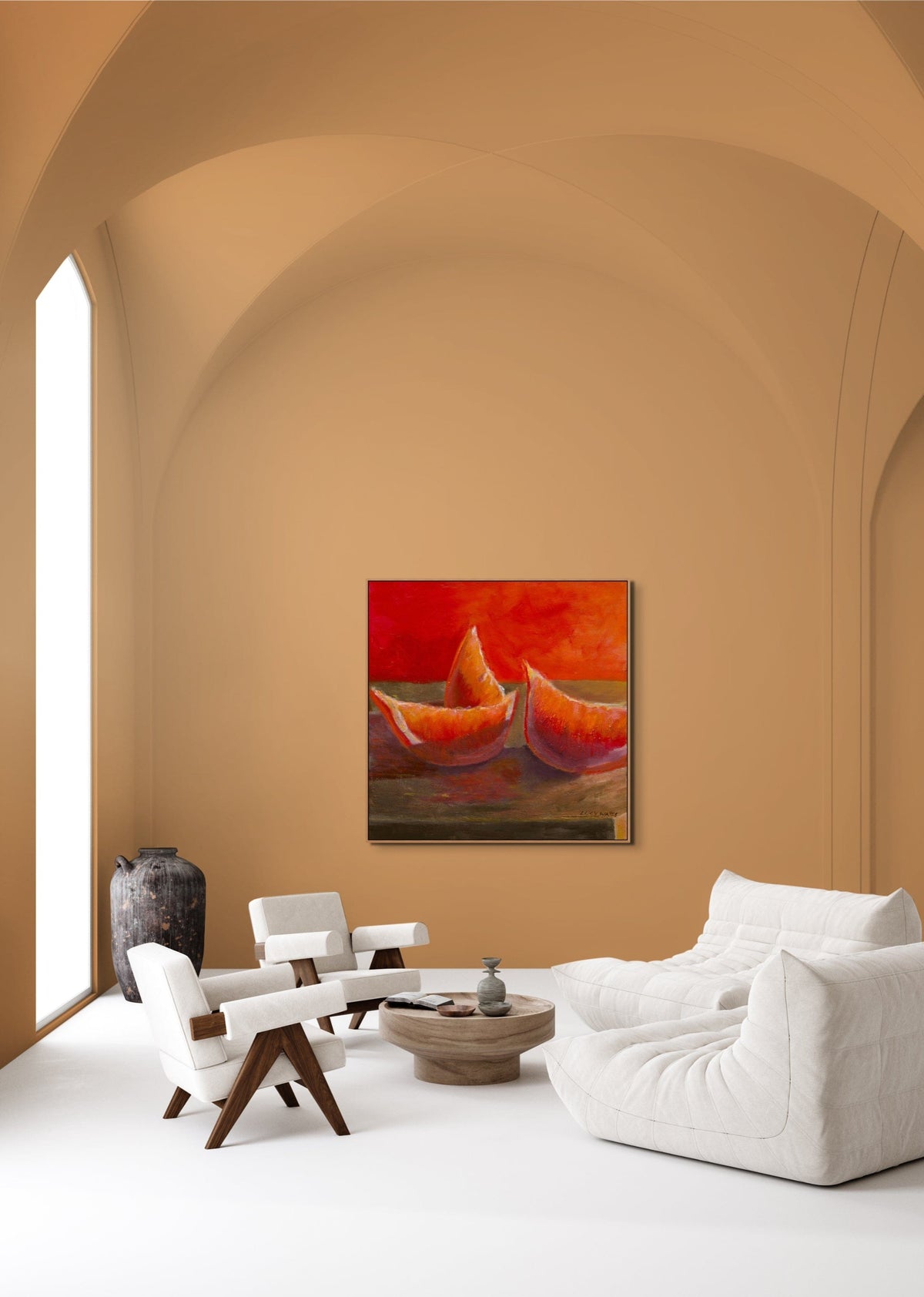 Modern living room with a painting of sailboats on an orange background.