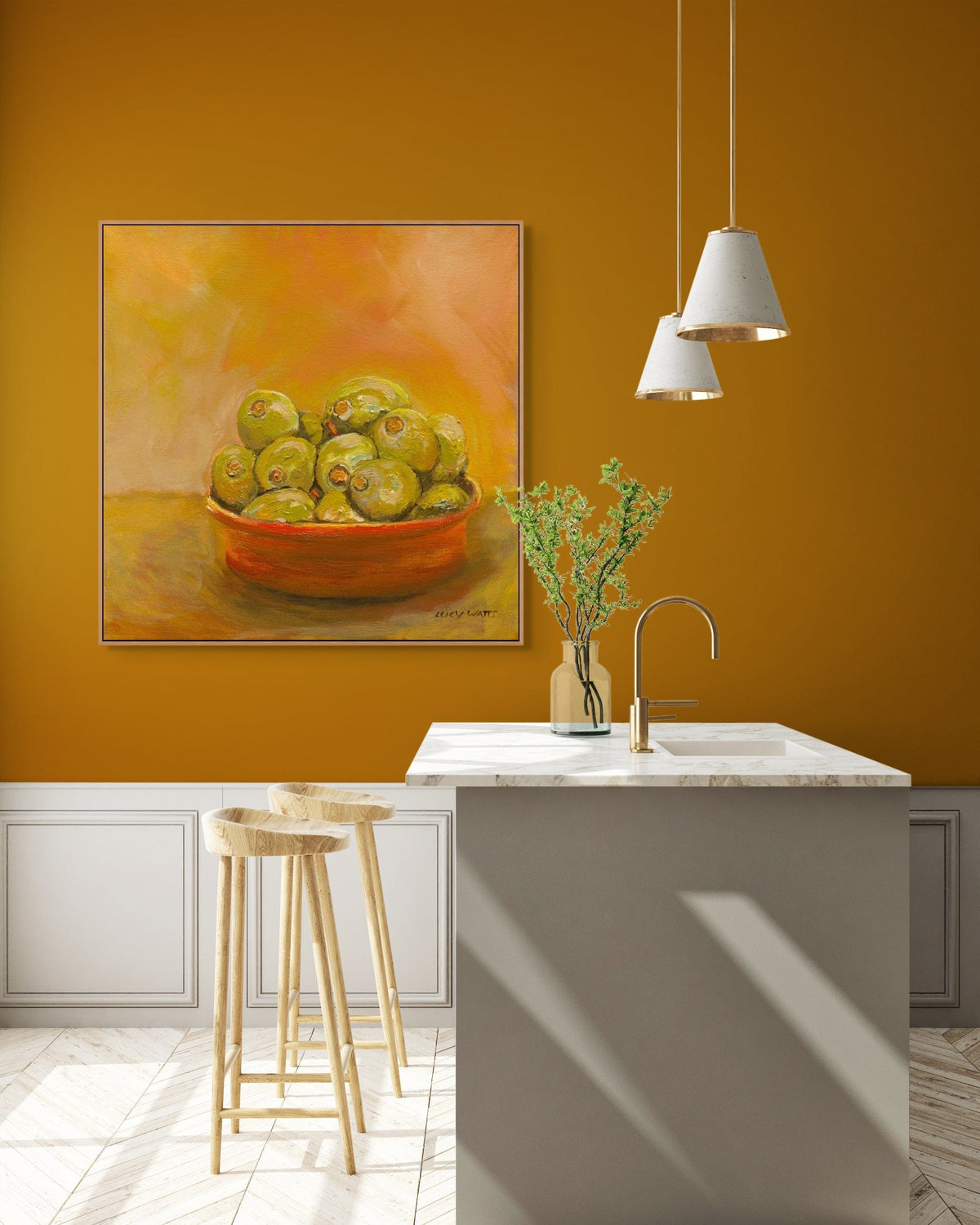 Modern kitchen interior with a yellow wall, painting of green apples, and pendant lights.