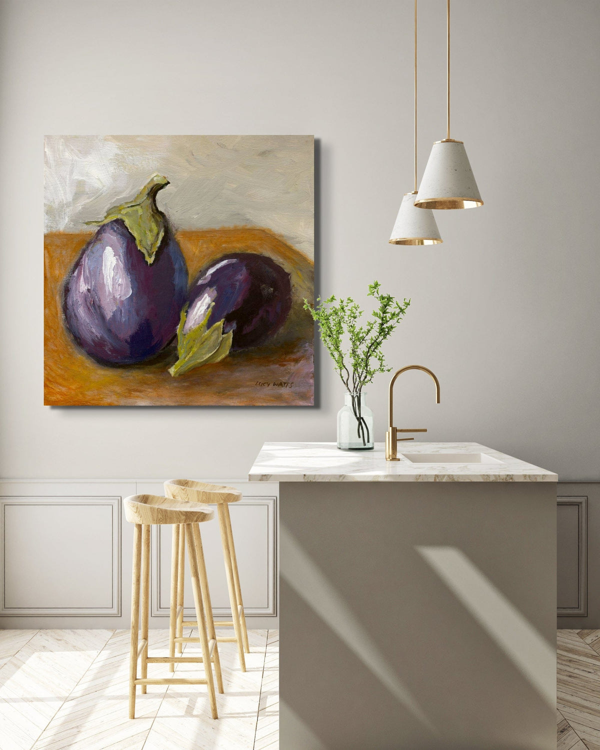 Modern kitchen with a painting of eggplants on the wall