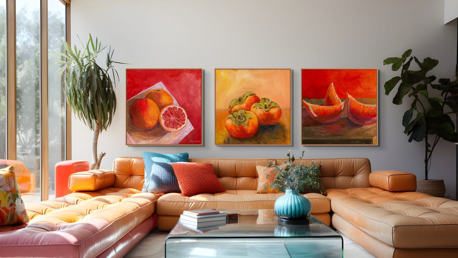 Lucy Watts Artwork prints of bright fruity paintings in modern living room with a brown sectional sofa, colorful cushions, and three framed paintings of fruit warm tones
