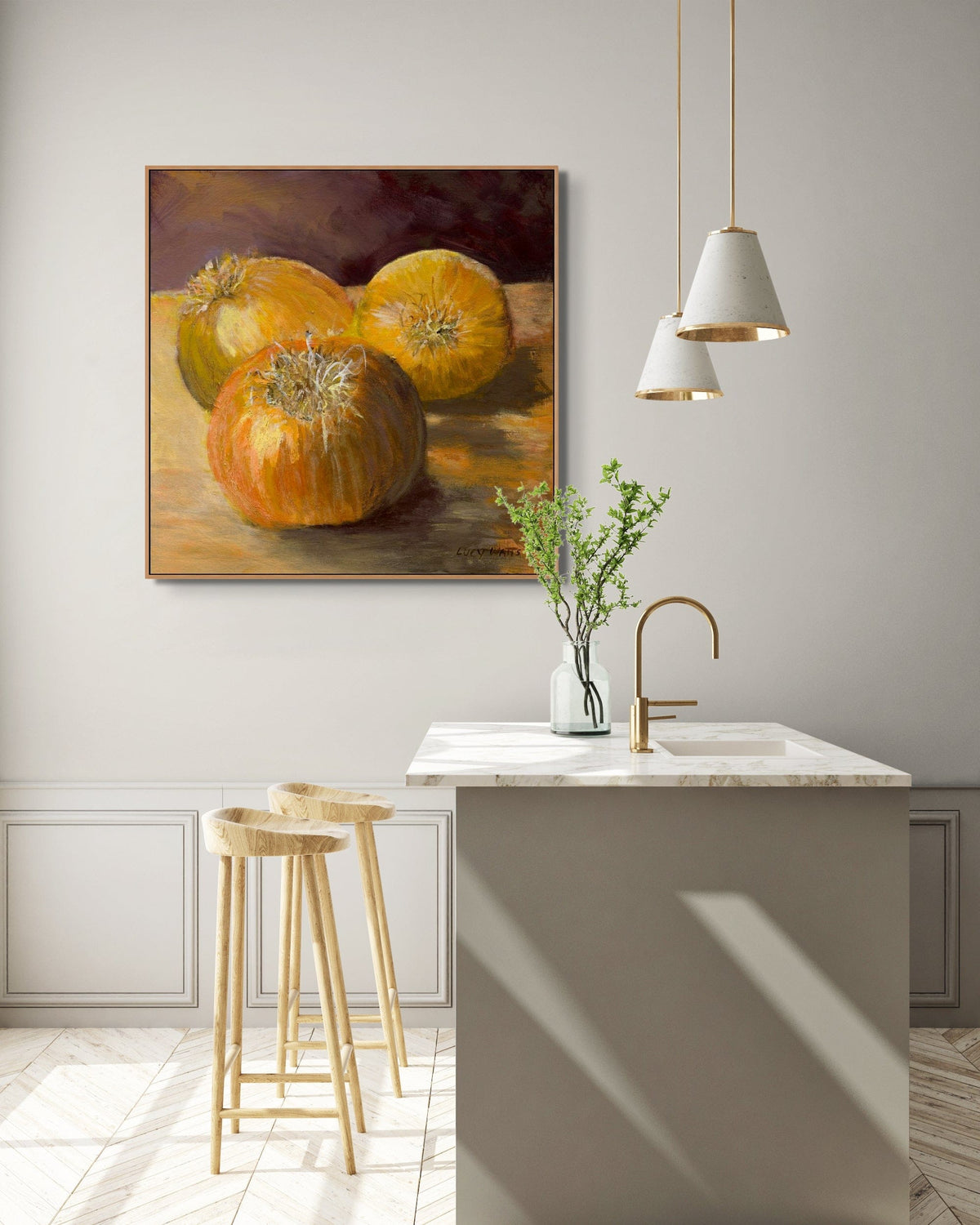 Modern kitchen with a painting of pumpkins on the wall