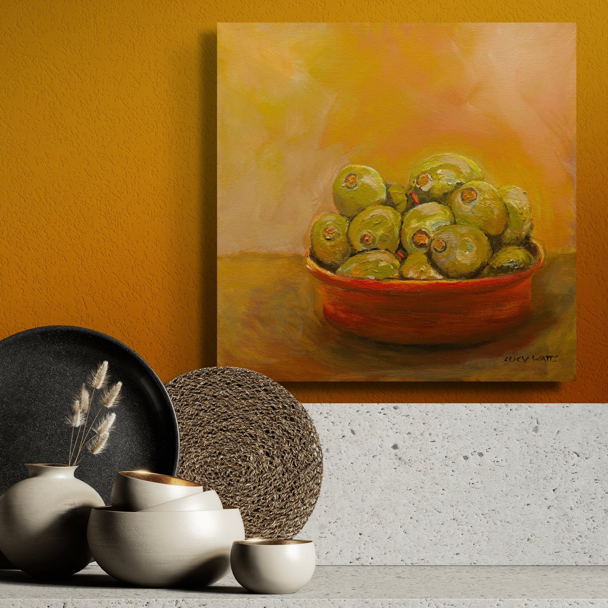 Painting of a bowl filled with green apples on an orange background