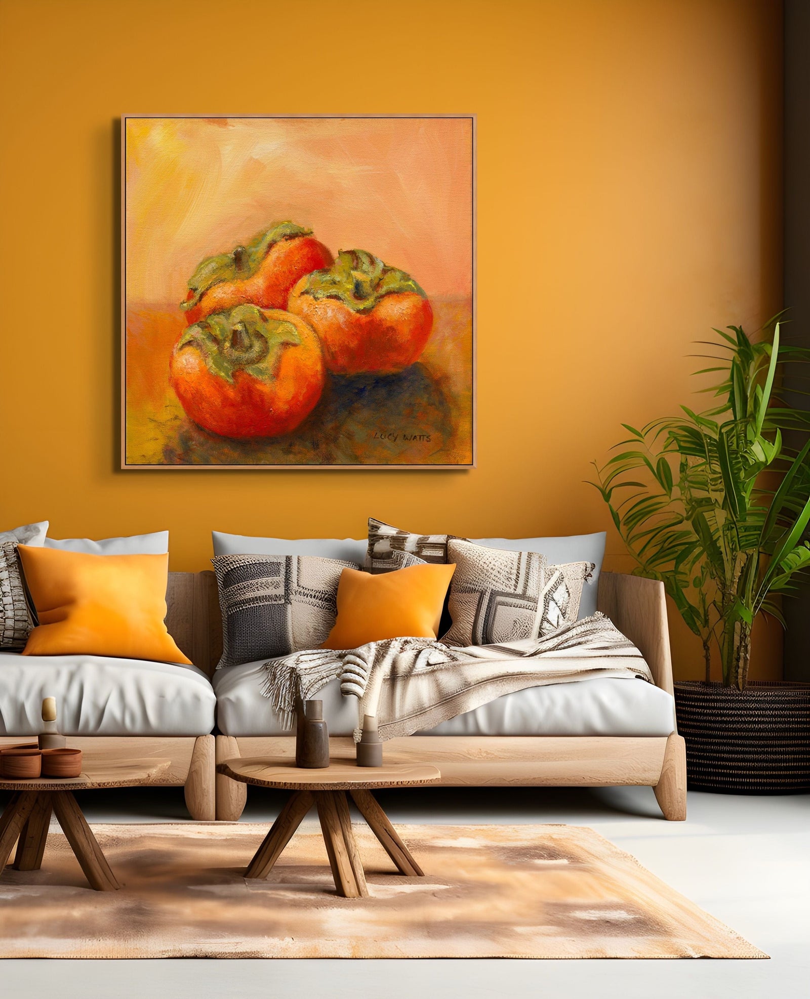 Living room with a couch, coffee table, and decorative painting on an orange wall.