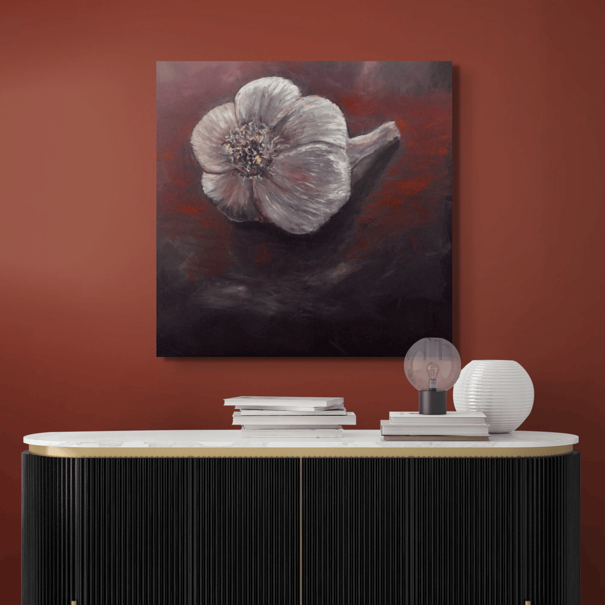 Dried garlic bulb on a textured dark background by Lucy Watts Artwork