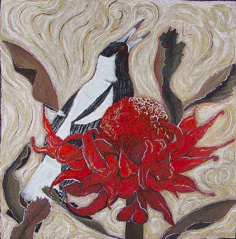 Artistic depiction of a bird and a red flower with abstract background